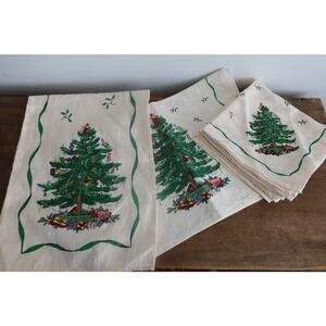 Vintage Spode Christmas Tree Table Runner 6 Placemats & 6 Napkins Set